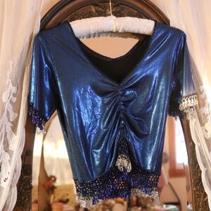 Shiny Blue Metallic Beaded Crop Stretch top